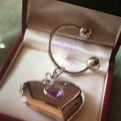 New! Beautiful Silver Locket With Purple Gem key ring 
