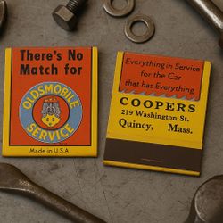 Oldsmobile Service Matchbook USA 1940s Coopers Quincy MA, Unused, Full