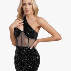 Freebily Women's Sequin Glitter Mesh Patchwork Dress One Shoulder Bandage Bodycon Dress Dresses