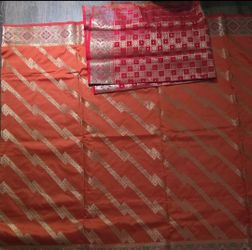 Women’s Brocade Silk Blend Saree Sari Metallic Woven Border Orange Red Gold