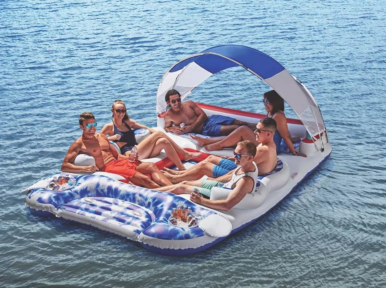 Balsa flotante para 6 personas con toldo (teñido anudado patriótico)