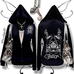 Vintage Y2K Juicy Couture Tracksuit Zip Up Velour Hoodie (Black/Metallic Silver)