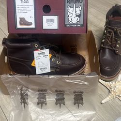 Brand new IN BOX Pair of Rhino 62M28 Brown Leather 6" Soft Toe Moc Toe Lace Up Work Boots-M