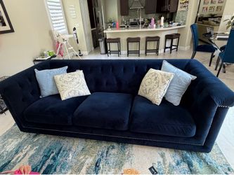 Dark Blue Velvet Tufted Sofa – 91” Wide with Nailhead Trim – Great Condition