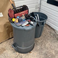 Husky Tool Bag, Heavy Jumper Cables, Rubbermaid Brute Can, Legend Brass Valve & Hardware Lot