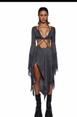 Dolls Kill Echo Asymmetrical Mesh Wrap Dress (Off White) Raves/Festival