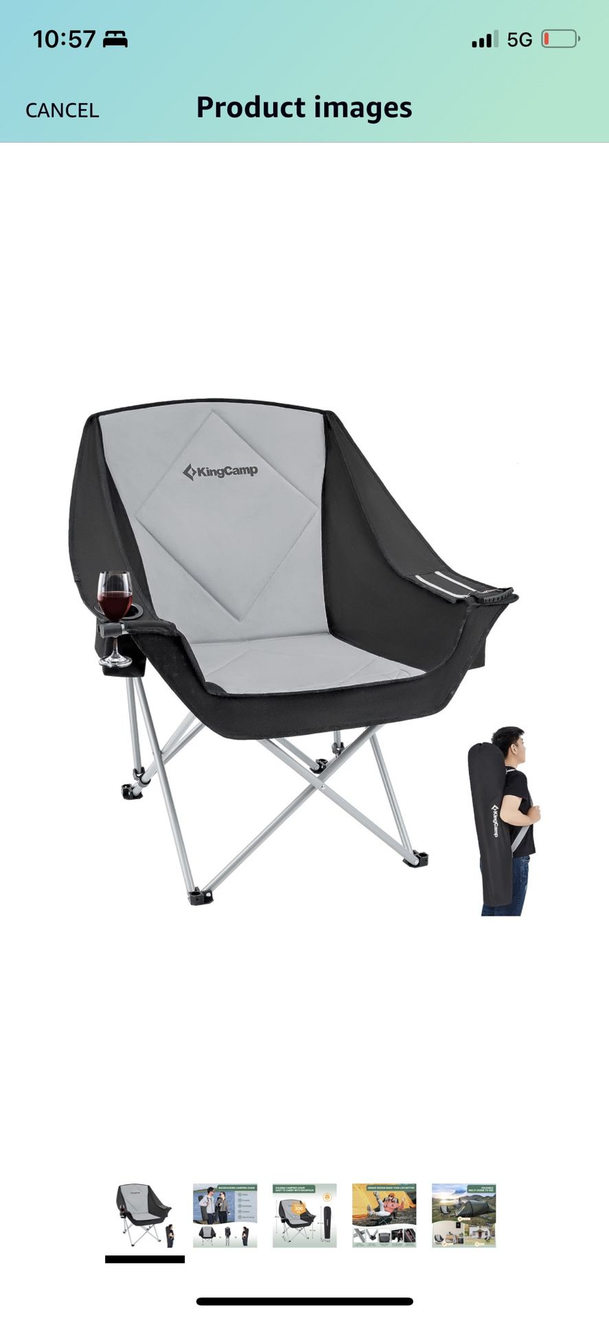 KingCamp Oversize Camping Folding Padded Seat with Cooler Bag and Armrest Cup Holder, Black&Dark Gray, Sofa Chair