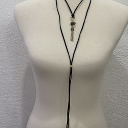 Long Necklace w/Choker Black Cord Tassel w/smoke Quartz.