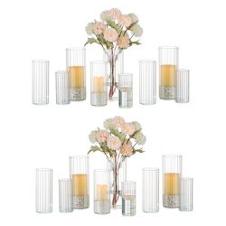 Glasseam Glass Cylinder Candle Holder, Clear Ribbed Vase Set of 18, Hurricane Pillar Candle Holder, Floating Candle Holders for Table Centerpiece