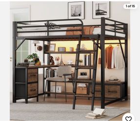 Queen Metal Loft Bed with Desk,4-Layer Shelves,Wardrobe,Drawers,LED Light-Black