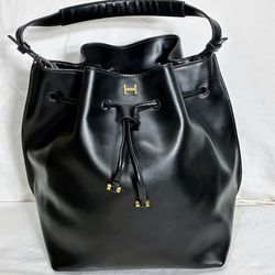H by Halston bag black drawstring  smooth leather satchel bucket bag