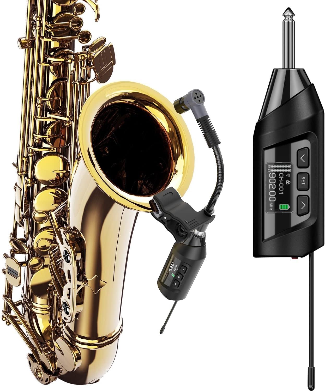 Wireless Saxophone Microphone System, Clip-On Instrument Microphone for Sax and Trumpet, Preset EQ & Echo Level 196 Ft Transmission Rechargeable Compa