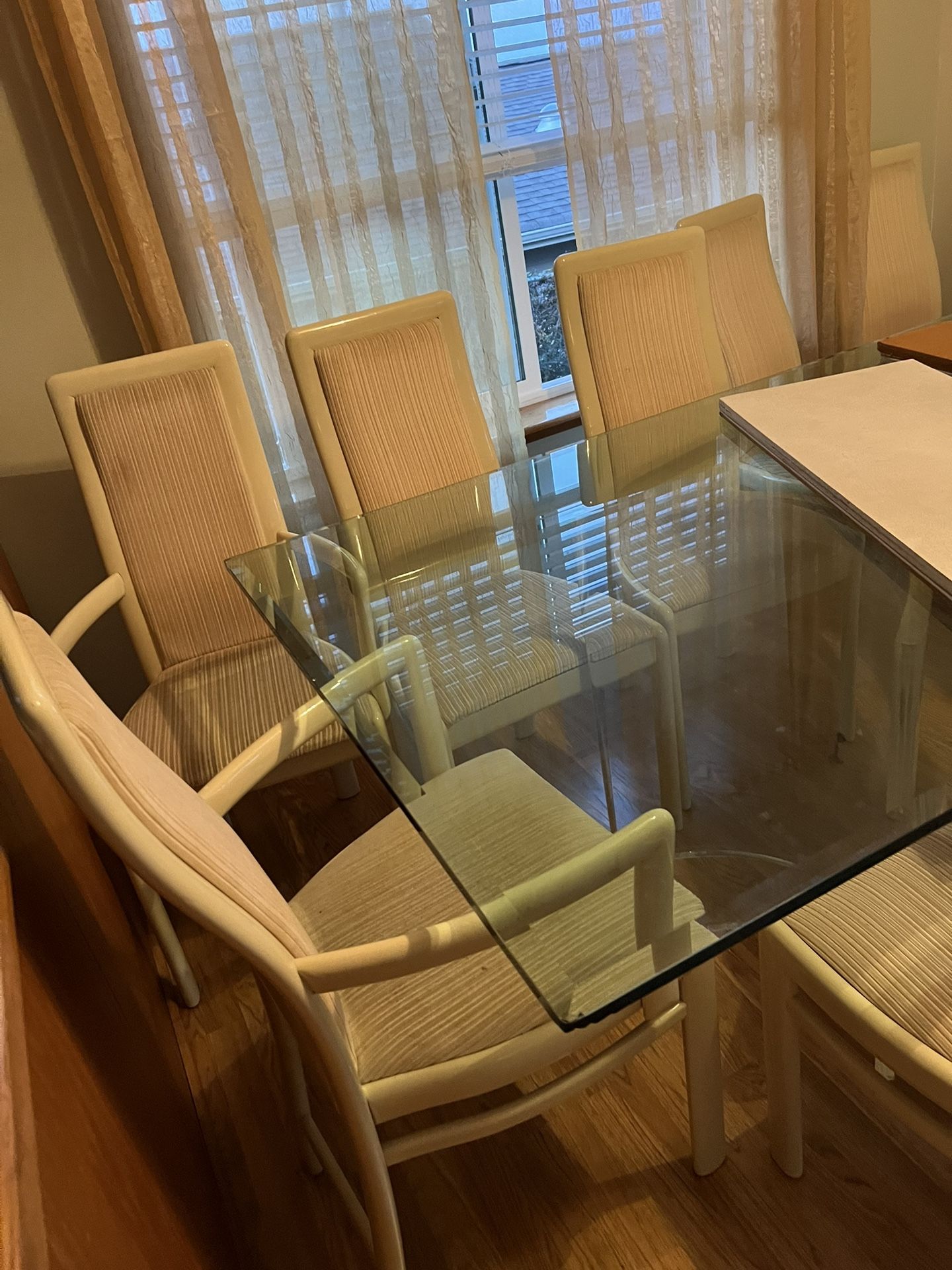 Glass dining table with 8 chairs (2 armchairs) w/felt made for this table protector and chair covers