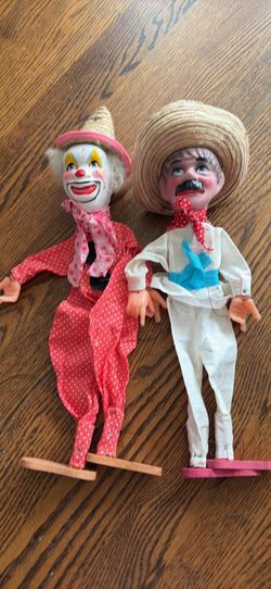 Vtg Lot of 2 Wooden Marionette Puppets Mexican Bandito & Teto the Clown from 1940’s & 1950’s