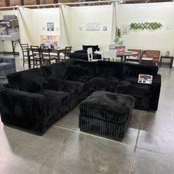 BRAND NEW SOFT THICK FLUFFY CORDUROY BLACK SECTIONAL SOFA COUCH WITH OTTOMAN