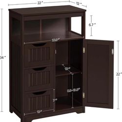 Wood Bathroom Floor Cabinet with 3 Drawers &1 Cupboard, Free Standing Storage Organizer Hallway Entryway Cabinet for Living Room Kitchen, Espresso