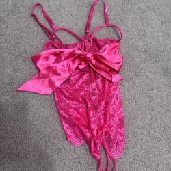 New Medium Hot Neon Lace Bow Bodysuit Lingerie 