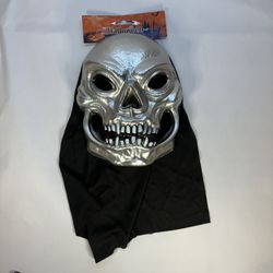 Silver Skull Mask with Black Hood Halloween Costume Accessory Adult/Teen