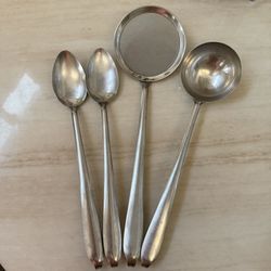 Vintage Italian Effepi B INOX 18/10 Stainless Utensils Set of 4 Ladle Mesh Skimmer Serving Spoons