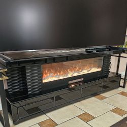 NEW LUXURY MIRRORED BLACK AND WHITE AVAILABLE FIREPLACE ELECTRIC HEATER TV STAND, MODERN MODEL,HAS SPEAKERS,BLUETOOTH, REMOTE CONTROL, PHONE CHARGER, 