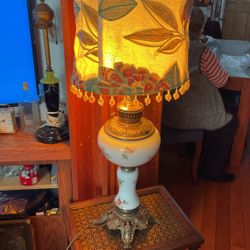 Vintage Lamp Porcelain / Brass And Canvas Shade Vintage 