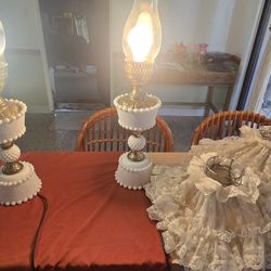Vintage White Hobnail Milk Glass Boudoir Hurricane Lamps
2 / Sold as a Pair
21" 