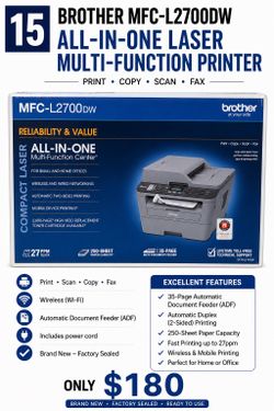 NEW SEALED Brother MFC-L2700DW Wireless Monochrome Laser All-in-One Printer  Highlights  * ✅ Brand new, factory sealed * ✅ Wireless printing * ✅ Print
