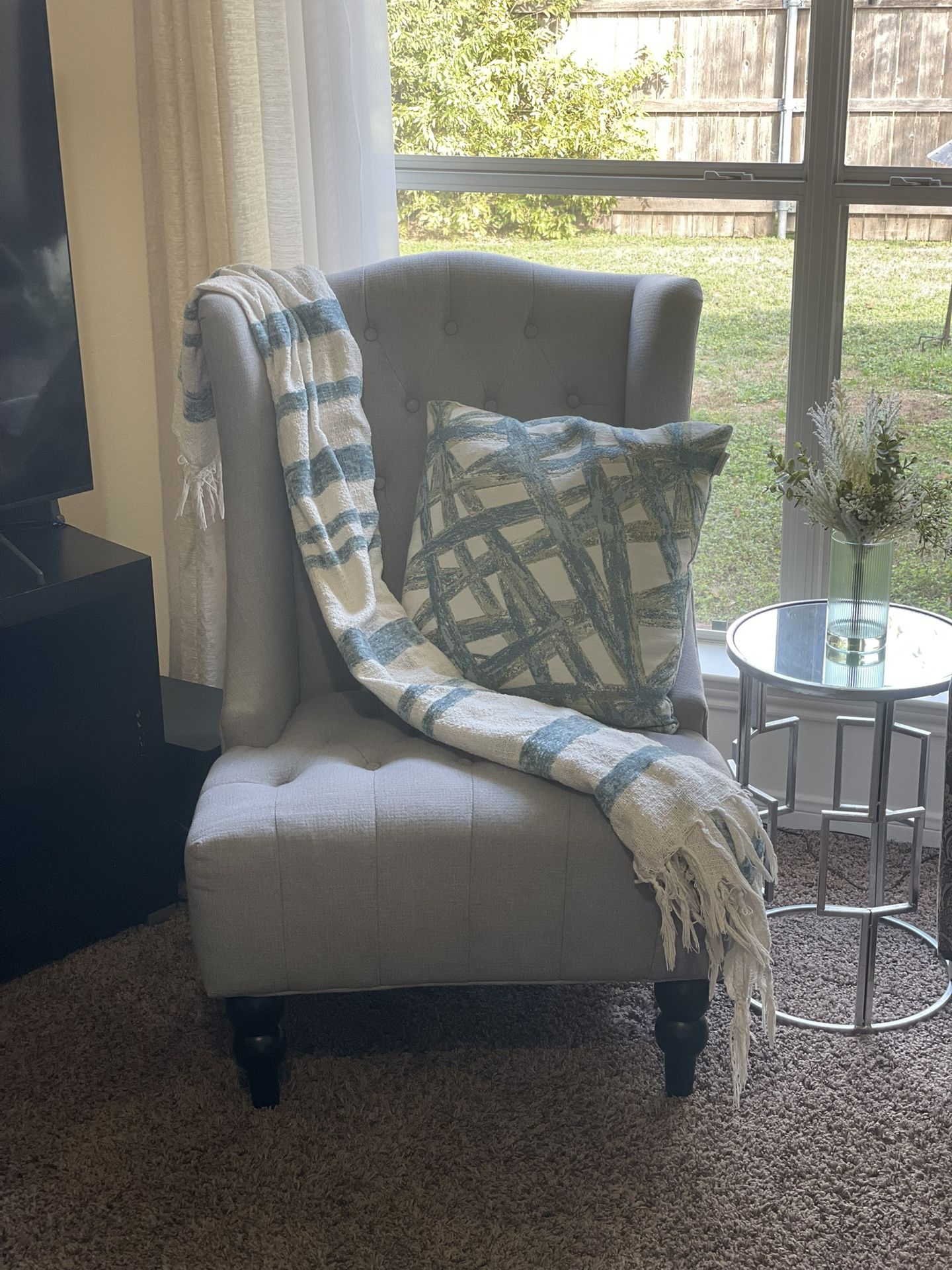 Upholstered Wingback Side Chair with Button-Tufted Diamond Stitching and Turned Birch Wood Legs - 27