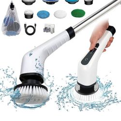 Electric Spin Scrubber, Cordless Bath Tub Power Scrubber with 8 Replaceable Drill Brush Heads, Shower Cleaning Brush with Adjustable Handle for Bathro
