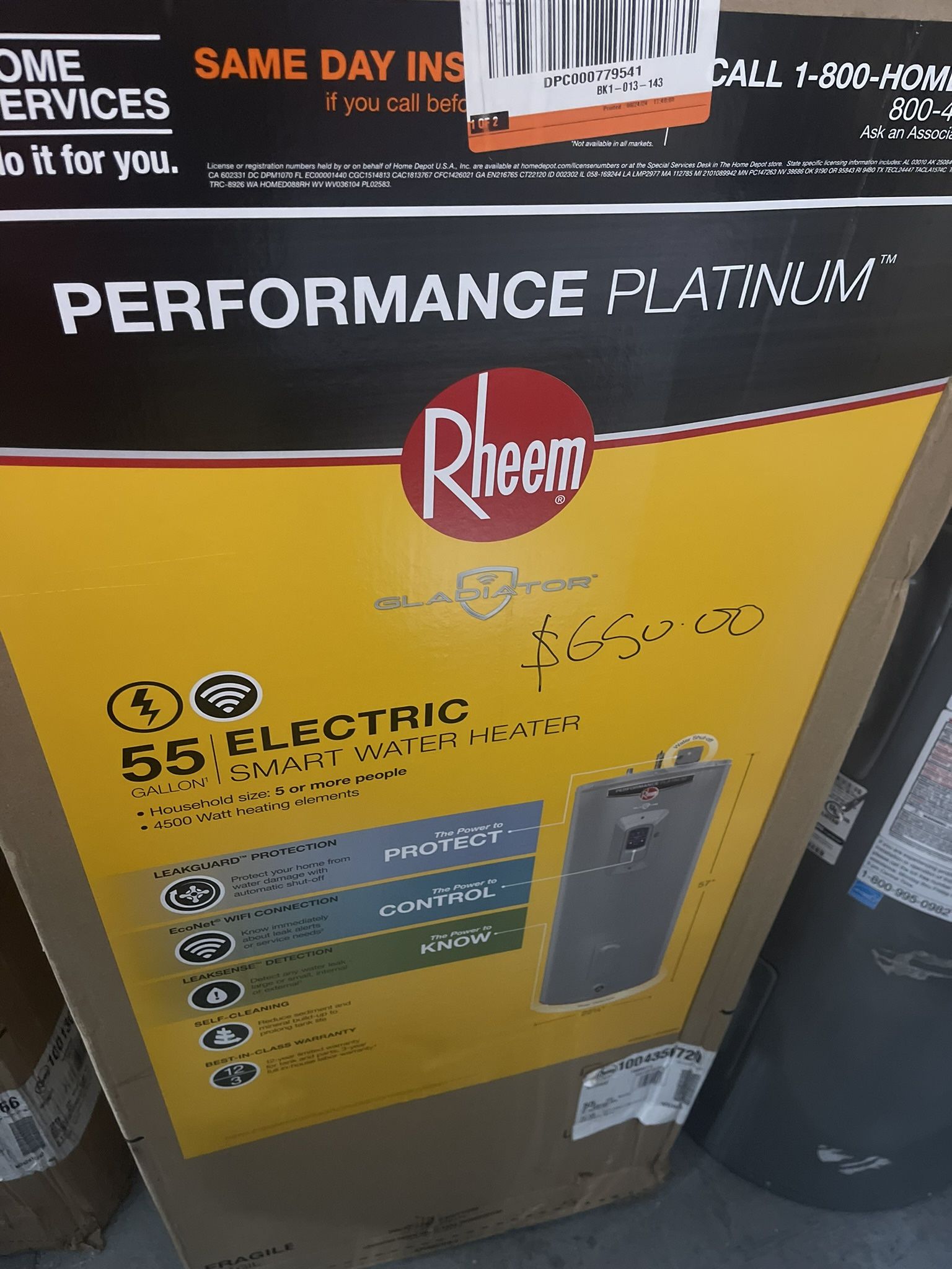 Rheem Gladiator 55 Tall 12 Year 4500 Watt Double Element