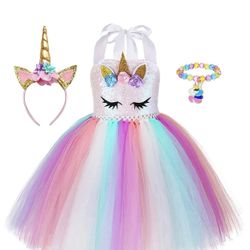 Unicorn Girl Dress for Birthday Outfit Princess Costume Rainbow Tutu Dress 1-2 Years Old