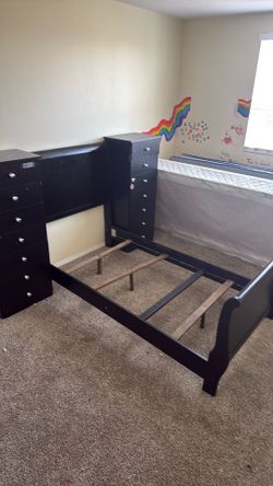 Twin bed frame headboard footboard dressers box spring and mattress
