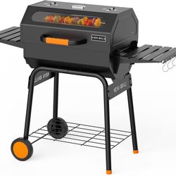 23-Inch Movable Charcoal Grill, High Temperature Resistant Glass Barrel Charcoal Grills with Adjustable Vents, Warming Rack Outdoor BBQ Grills for Bac