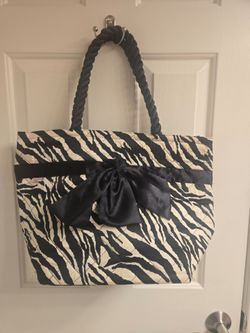 New Large Black & White Zebra Print Fabric Woman's Tote Bag with Detachable Black Bow