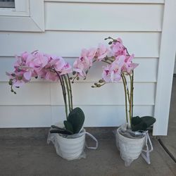 Faux Pink Orchid Arrangement in White Pot – Set of 2