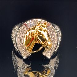 Men’s Sterling Silver Ring Gold Plated, A Horse With Cz Cluster Horseshoe Size 11, 8.4 Grams 178723–1