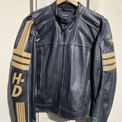 Harley Davidson Motorcyle Jacket Black Gold Large Genuine Leather Riding Gear