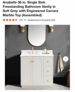 Anabelle 36 in. Single Sink Freestanding Bathroom Vanity in Soft Grey with Engineered Carrara Marble Top (Assembled) Store SKU# 1011-624-799