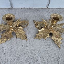 Vintage Brass Maple Leaf Candle Holders Pair Accolade India 6.5” Wide