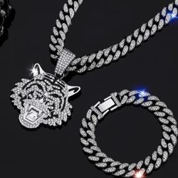 3-Pcs Men's Fully Iced 14K Gold Plated Cubic Zirconia Tiger Head Pendant With 24 Inches Chain Necklace & Bracelet 