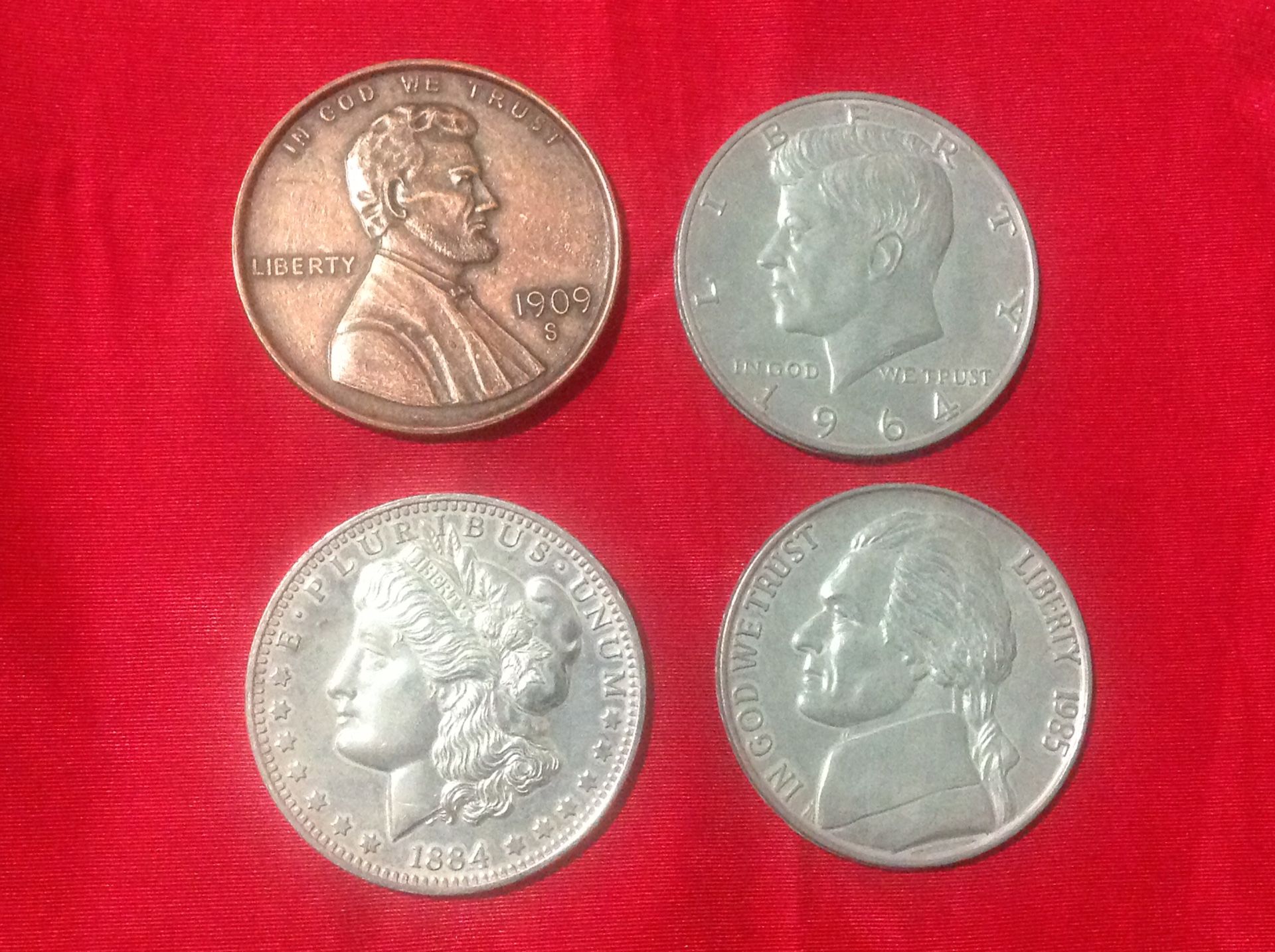 Large Novelty Coins/Paperweights, set of 4 Penny, Nickel, Half Dollar, Dollar