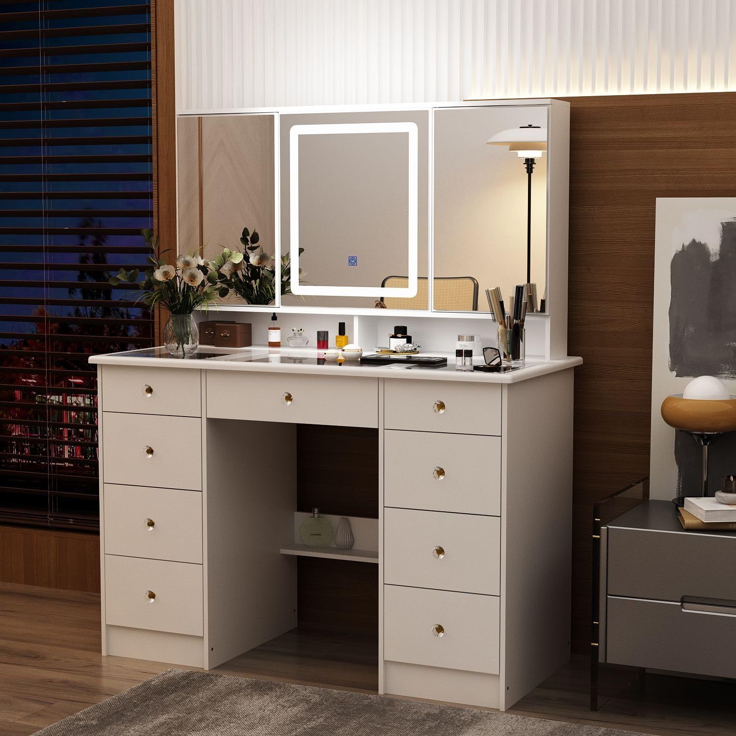MOUMON Large Vanity Desk with Open Mirror and Glass Tabletop, Vanity Desk with Mirror and Lights, Drawers and Shelves, Crystal Handles, Cushion Stool