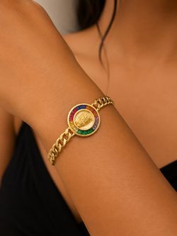 Gold Chain Bracelet with Rainbow Gemstone Medallion