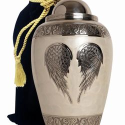 New Brass Cremation Urn – Adult Size – Wings Pearl White & Silver