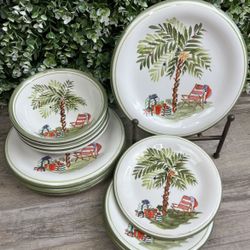 Gibson Elite China Palm Court Christmas Holiday Palm Tree 12-pc Dinnerware Set Vintage