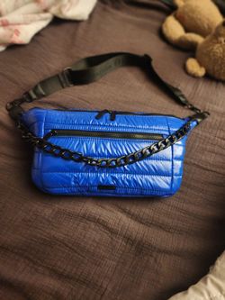 Blue Quilted Puffer Belt Bag with Chain