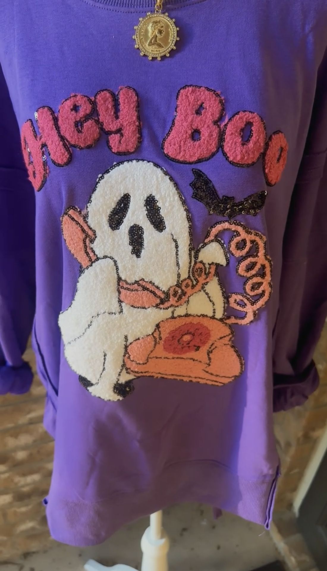 Hey Boo Towel & Sequins Embroidery Halloween Sweatshirt