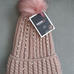 Mauve &  Pearls Beanie Therma Lined With Faux Fur Pom 