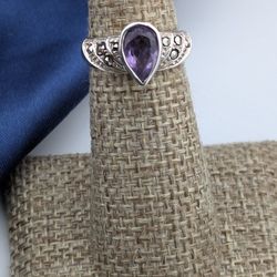 💍💎✨925 Sterling Silver Marcasite Ring Purple CZ Stone SIZE 5✨💎