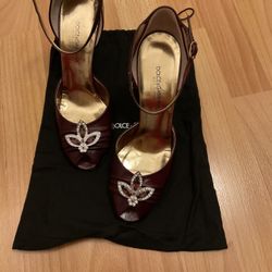 Dolce & Gabbana vintage Floral Rhinestone ankle strap peep-toe heels in burgundy - size 37 - circa 2005.